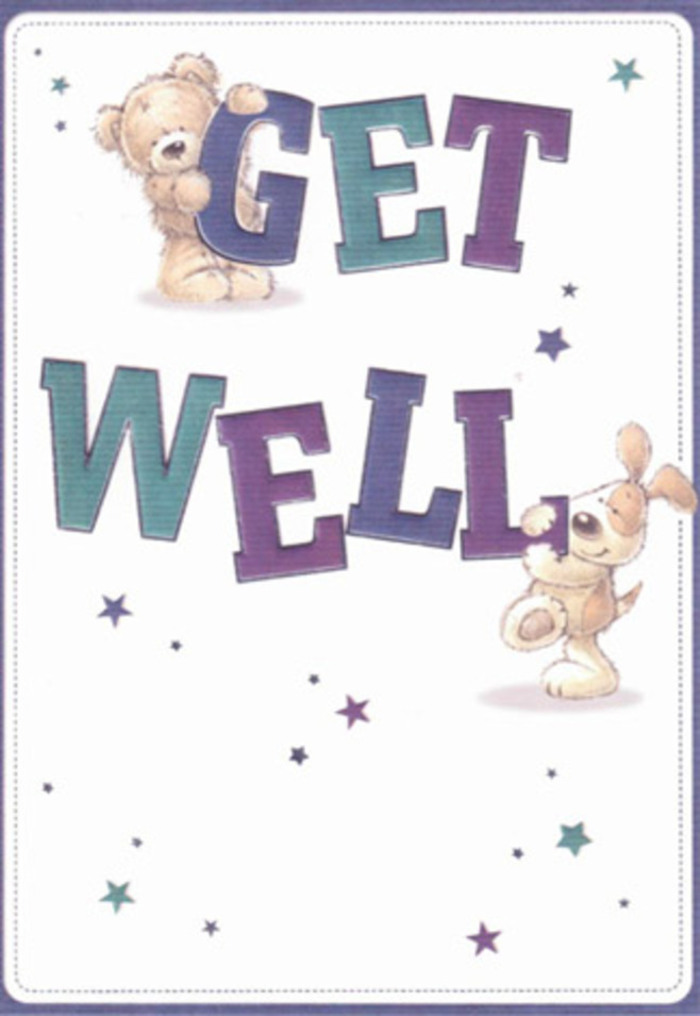 For those in the Thornton Heath area, the joyous illustration on this get well card conjures images of familiar kindness and shared smiles, not unlike the cheerful exchanges on Brigstock Road or in local markets. The central figures-a sweet bear and an animated puppy-draw the eye with their uplifting presence, both participating in the heartfelt act of passing along a get well message. Big, confident letters shaded in indigo, teal, and violet form the backdrop, their lively hues standing out against a luminous white space that promises clarity and a fresh start. Delicately scattered stars, reminiscent of wishes sent across the nighttime city sky, hover and glimmer playfully, infusing the scene with gentle encouragement. The bear's plush, cuddly texture and the puppy's silky, drooping ears feel almost tangible-evoking the comforting touch of petals in a freshly delivered Thornton Heath bouquet. It's an image that, paired with a hand-gathered floral arrangement, would undoubtedly brighten anyone's recovery, transforming a simple gesture into a wave of hope and heartfelt support for loved ones near and far.